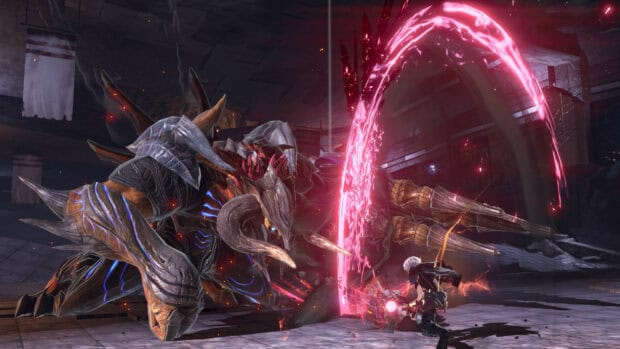 A character fights a large monster using a glowing weapon in God Eater game, HD Desktop Wallpaper