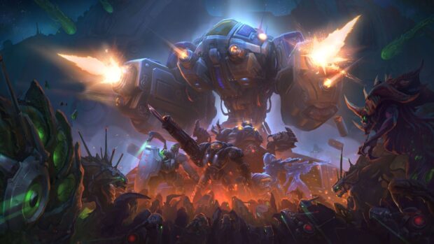 A large mech and armored warriors face alien creatures in an intense battle from Heroes Of The Storm, 4K Desktop Wallpaper