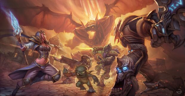 A vibrant battle unfolds featuring Heroes Of The Storm characters with magic and weapons, 2K Desktop Wallpaper