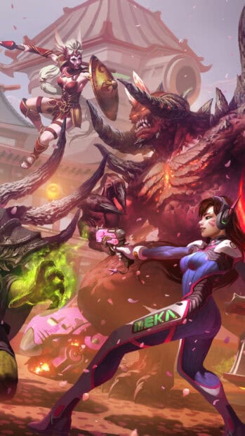 The heroes of the storm are engaged in an intense battle in front of a Japanese building, HD Mobile Wallpaper