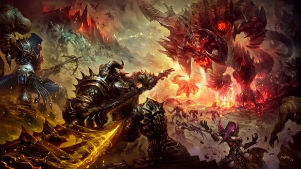 Warriors clash against a fiery demon in a dark fantasy setting, HD Desktop Wallpaper