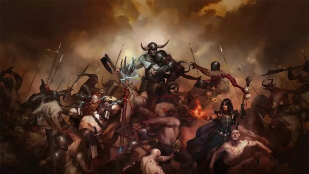 Diablo Iv features fierce warriors and dark creatures, HD Desktop Wallpaper