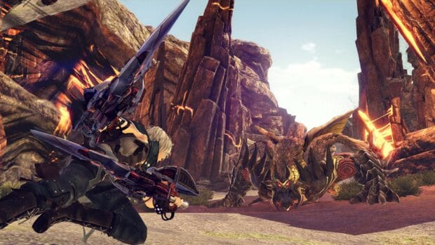 A warrior is preparing to fight a monstrous creature in a rocky volcanic area in God Eater game, HD Desktop Wallpaper