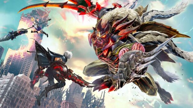 A fierce fight with God Eater characters confronting a monstrous enemy, HD Desktop Wallpaper