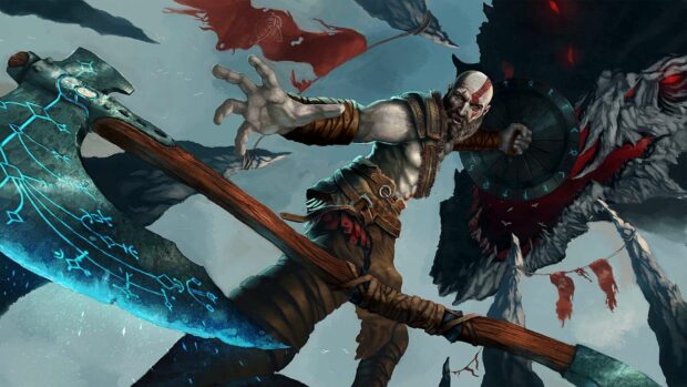 A fierce warrior holds an enchanted axe against a giant monster, HD Desktop Wallpaper