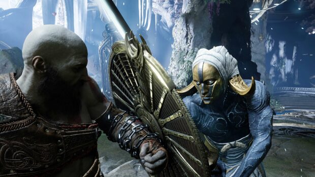 A warrior blocks an attack with a golden shield, 4K Desktop Wallpaper