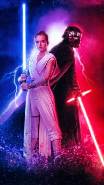 A powerful duel scene from Jj Abrams movies featuring two characters with contrasting light sabers, 2K Phone Wallpaper