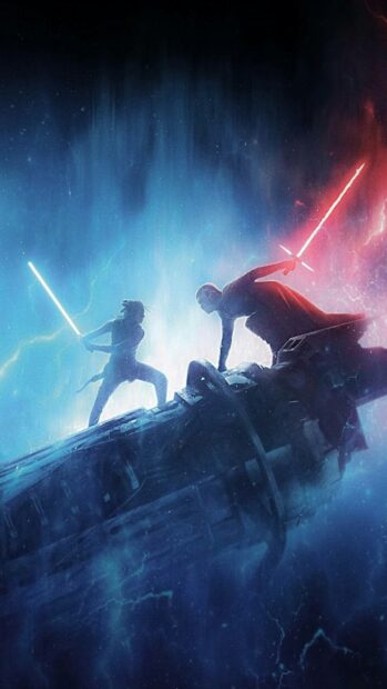 Two characters face off wielding glowing swords in a dramatic space setting, HD Phone Wallpaper