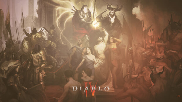 The epic fantasy battle scene showcases armored warriors and dark creatures in Diablo Iv Wallpapers, HD Desktop Wallpaper
