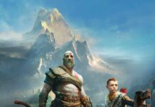 Kratos and Atreus stand on a boat with weapons ready in front of a towering mountain under a cloudy sky