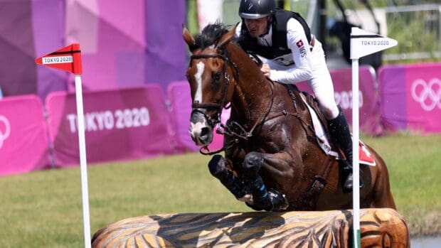 A rider competes in eventing with a horse jumping over an obstacle at Tokyo 2020, 4K Desktop Wallpaper