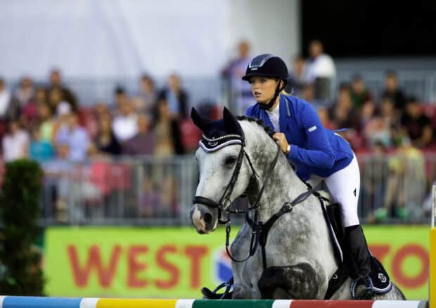 A rider in blue jacket is focused during an eventing competition, HD Desktop Wallpaper