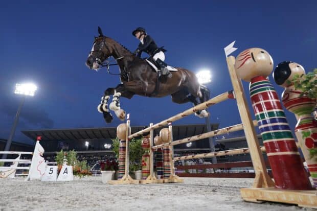 A rider is jumping a horse over an obstacle during an eventing competition, 2K Desktop Wallpaper