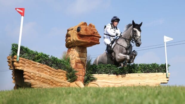 A rider is jumping a horse over a wooden dragon shaped fence, Eventing Wallpapers HD Desktop Wallpaper