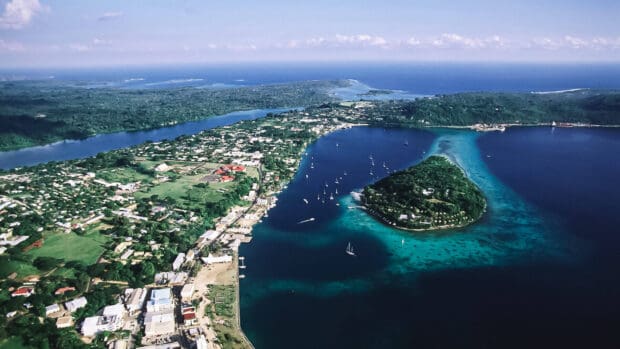 Aerial view of Espiritu Santo Vanuatu showing coastline and boats, HD Desktop Wallpaper