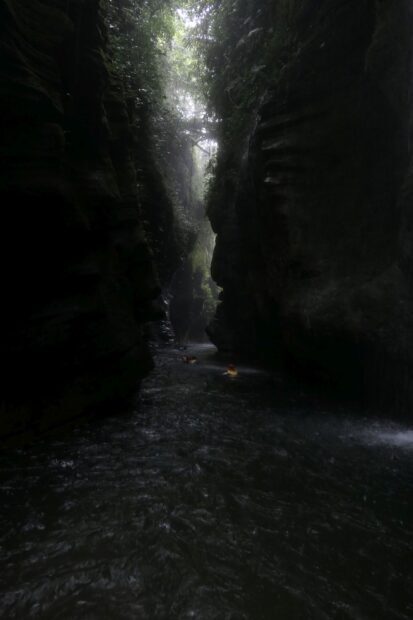 A narrow river gorge with kayakers surrounded by lush vegetation in Espiritu Santo Vanuatu, 2K Mobile Wallpaper