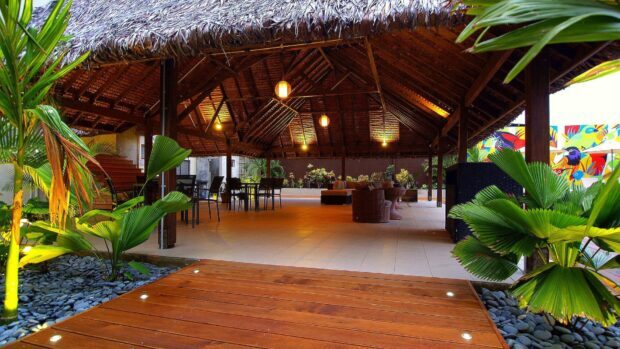 A tropical pavilion with wooden roof and cozy seating area in Espiritu Santo Vanuatu, HD Desktop Wallpaper