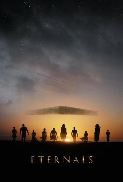 The Eternals cast silhouettes stand under a glowing sky at sunset with a mysterious floating object, HD Phone Wallpaper