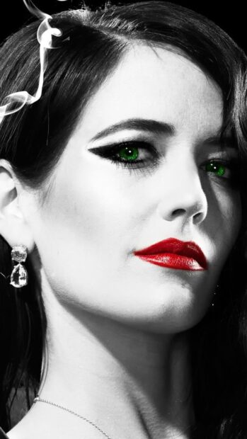 Eva Green wears vibrant makeup with green eyes and red lips, 4K Phone Wallpaper