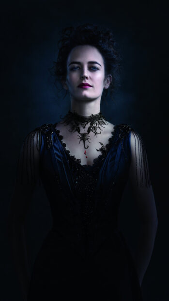 Eva Green in a dark gothic dress with a scorpion necklace and intense expression, 4K Phone Wallpaper
