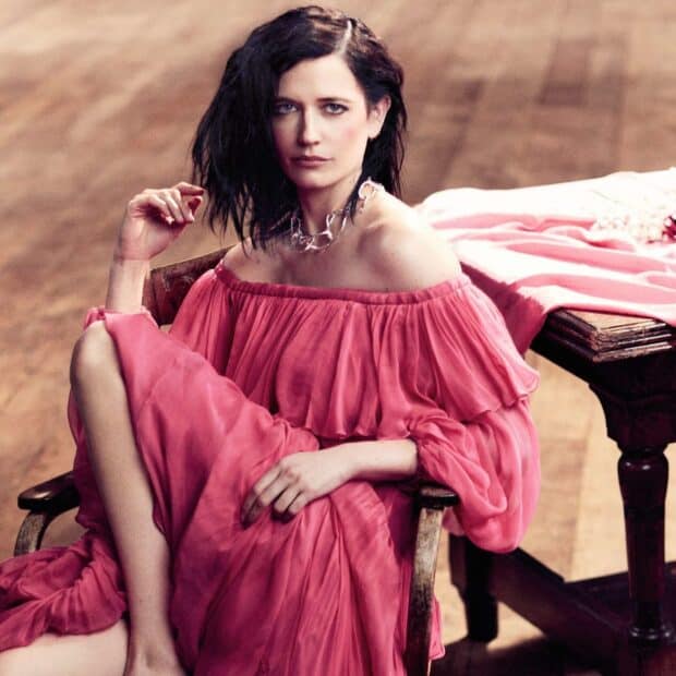 Eva Green is seated wearing an elegant pink dress and silver necklace, HD Mobile Wallpaper