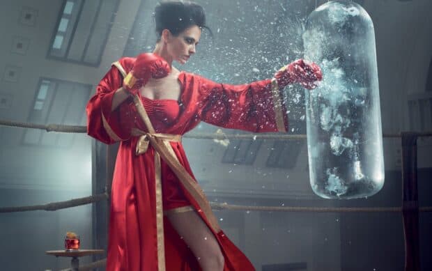 Eva Green is practicing boxing in a ring wearing a red robe and gloves, HD Desktop Wallpaper