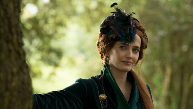 Eva Green in vintage costume with feather accessory in a forest setting, 4K Desktop Wallpaper