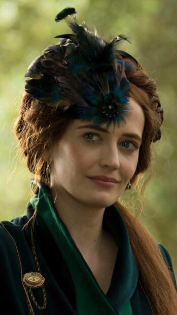Eva Green Wallpapers show a detailed costume and natural background, 2K Phone Wallpaper