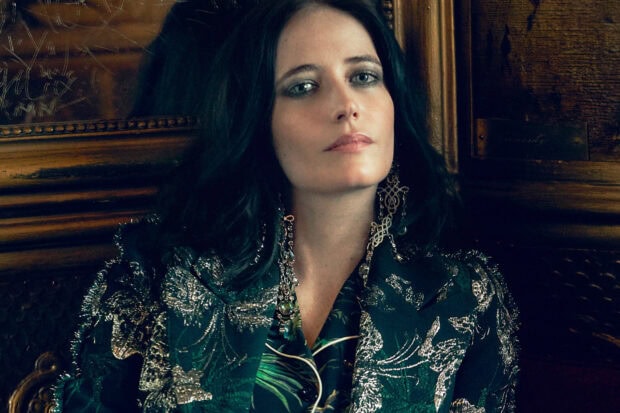 Eva Green wears an intricate dark jacket posing in a vintage setting, HD Desktop Wallpaper