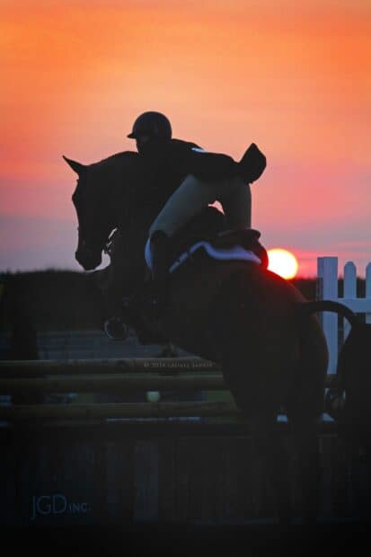 A horse and rider compete in eventing as the sun sets behind them, HD Mobile Wallpaper
