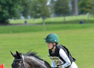 A rider and horse are jumping over a water obstacle in an eventing competition, 2K Mobile Wallpaper