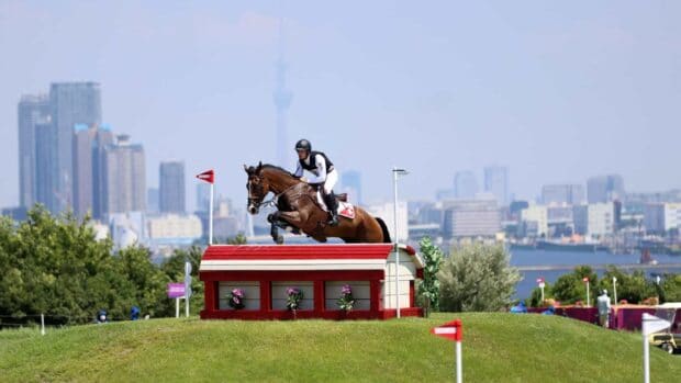 A rider and horse are captured mid air during an eventing competition with a cityscape in the background, HD Desktop Wallpaper