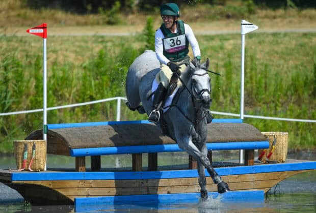 A rider skillfully guides a horse during an eventing competition obstacle, 2K Desktop Wallpaper