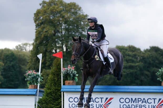 A horse and rider compete in an eventing competition with jumping obstacles, HD Desktop Wallpaper
