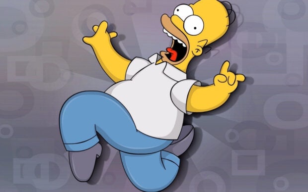 A joyful Homer Simpson jumping with a retro patterned background, HD Desktop Wallpaper
