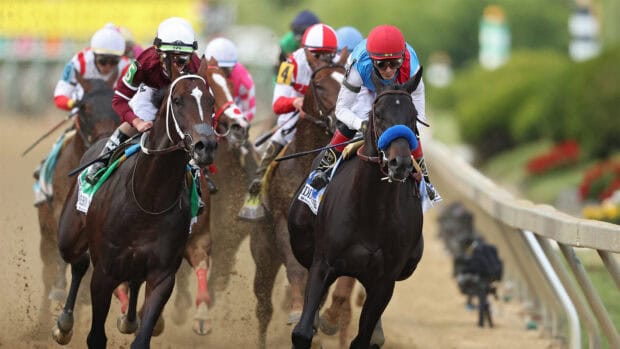 A close up of horse racing competition with multiple jockeys on a dirt track, HD Desktop Wallpaper