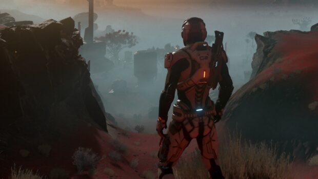 A soldier in armor explores a misty alien terrain in Mass Effect Andromeda wallpapers, 4K Desktop Wallpaper