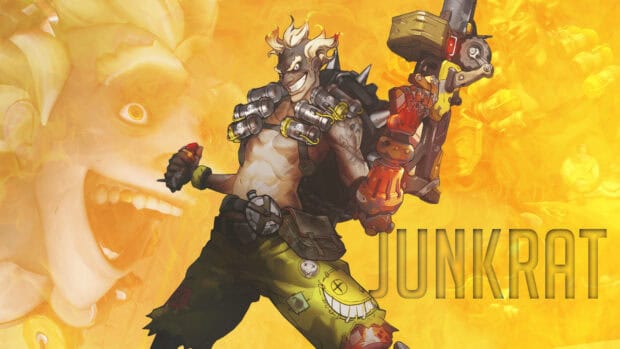 Junkrat character with explosive devices and fiery background, HD Desktop Wallpaper