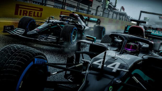 Two F1 race cars skillfully racing on a wet track with water splashing behind their tires, HD PC Wallpaper