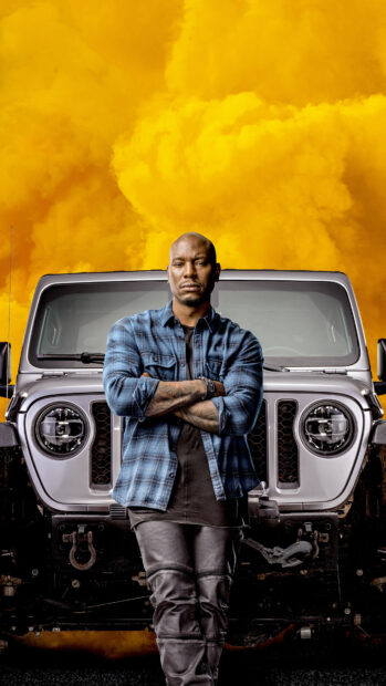 A confident man stands in front of a car with yellow smoke behind him in F9 Wallpapers, 4K Mobile Wallpaper