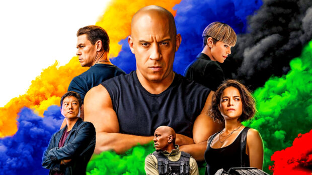 The F9 cast stands with colorful smoke in the background showing fierce expressions, HD Desktop Wallpaper