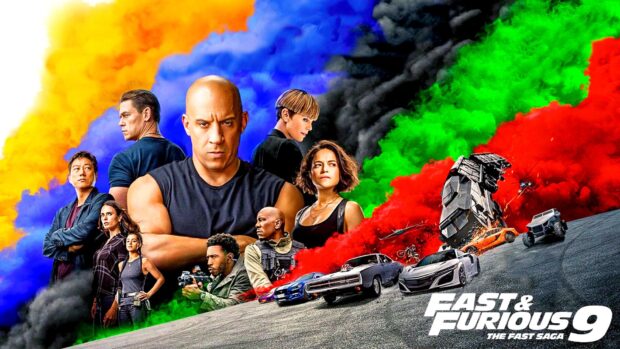 The F9 cast stands together with cars and vibrant smoke behind them in this action scene, HD Desktop Wallpaper