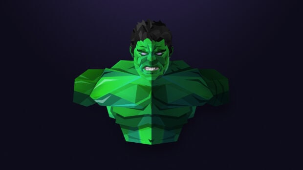 A green muscular figure created with facets expressing anger and power, 2K Desktop Wallpaper