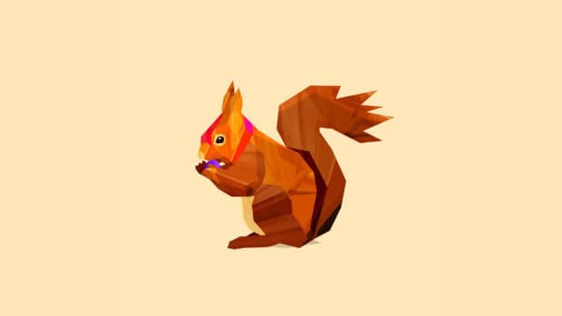 A low poly facets squirrel is holding a nut on a beige background, 2K Desktop Wallpaper