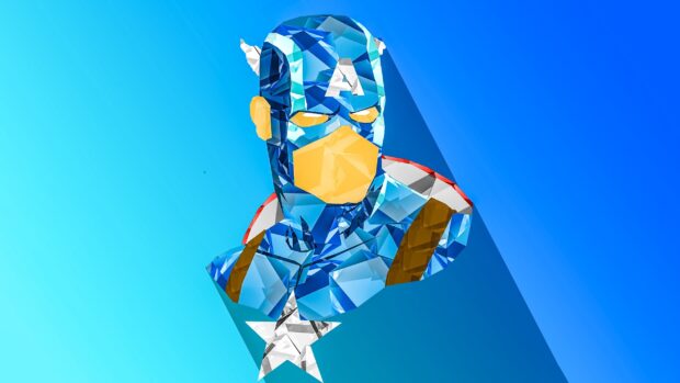 A facets wallpaper of a superhero character with blue, yellow, and red colors, 2K Desktop Wallpaper