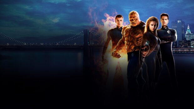 The Fantastic Four characters stand together against a night city skyline with a bridge in the background, 4K Desktop Wallpaper