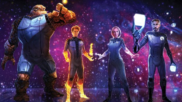 The Fantastic Four characters stand united in a vibrant cosmic background in Mr Fantastic Wallpapers, 4K Desktop Wallpaper