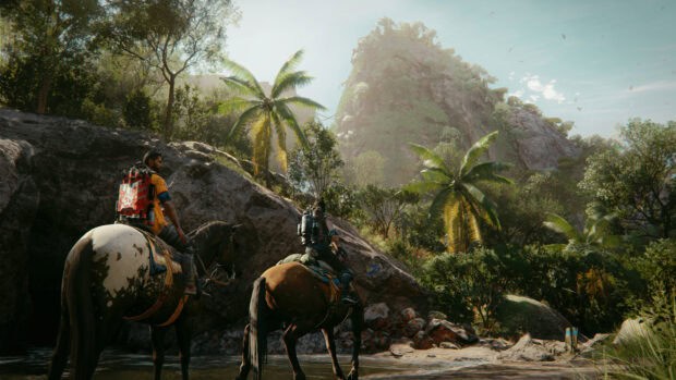 Two characters ride horses through a tropical forest in Far Cry 6, 4K Desktop Wallpaper