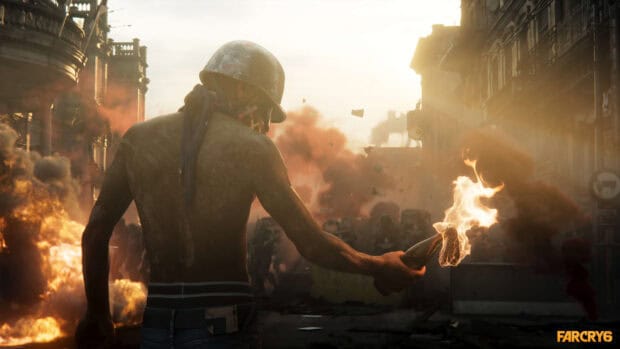 A character from Far Cry 6 is holding a Molotov cocktail in a fiery urban battle scene, 4K Desktop Wallpaper