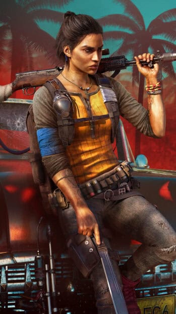 A woman armed with a rifle and tactical gear from Far Cry 6 stands ready against a tropical backdrop, 4K Mobile Wallpaper
